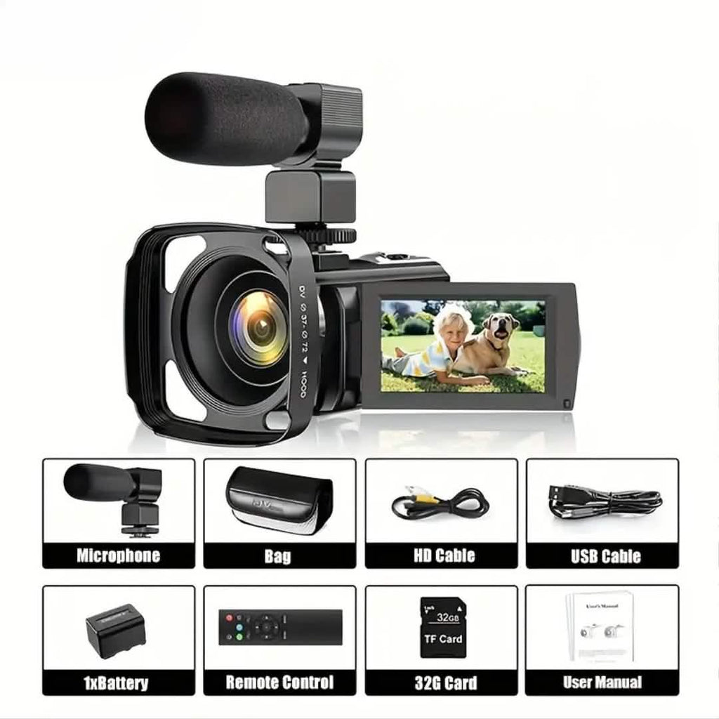 Appareil photo numérique HD 1080P avec zoom 16x, livré avec 2 batteries, carte TF 32 Go, micro, pare-soleil et sac.