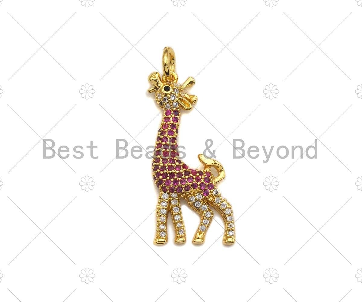 Fuchsia CZ Micro Pave Giraffe Charm for Necklace Bracelet, Deer Charm, Cubic Zirconia Animal Charms, 14x30mm,sku#Y301