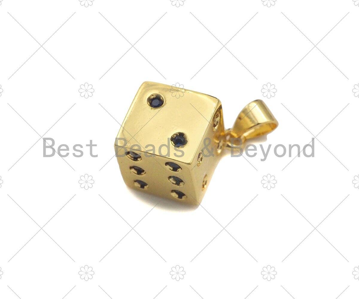 CZ Micro Pave Gold Dice Charm, Necklace Bracelet Charm Pendant,13x15mm,Sku#LK302