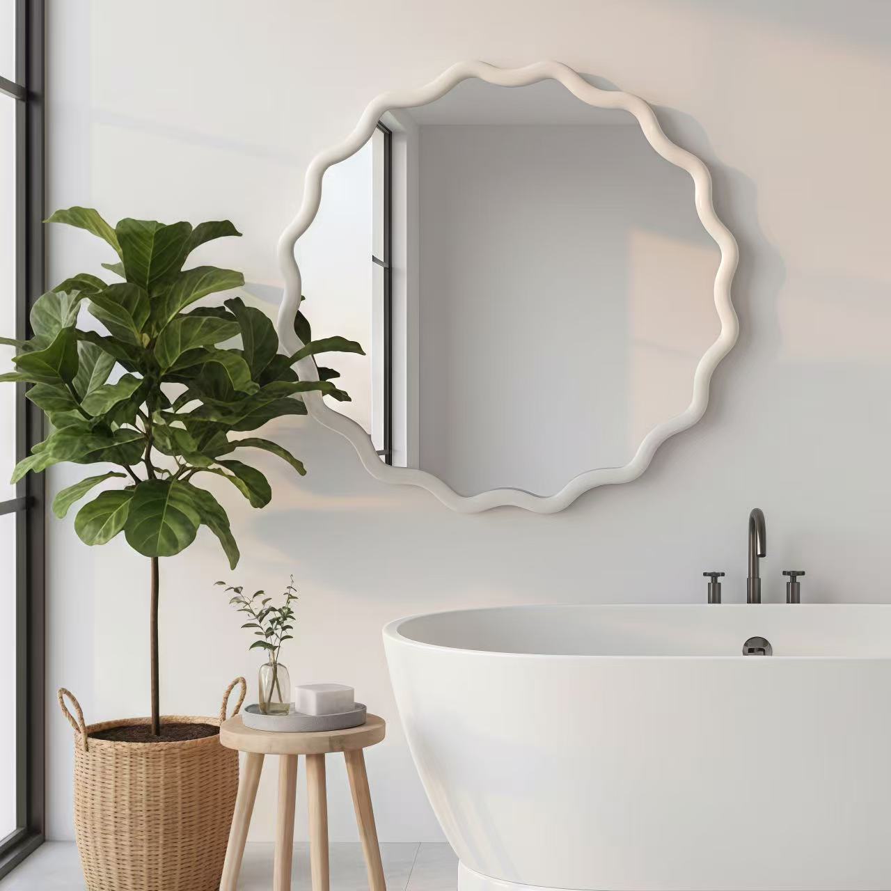 White 24 inch Wavy Round Solid Wood Frame Decorative Mirror