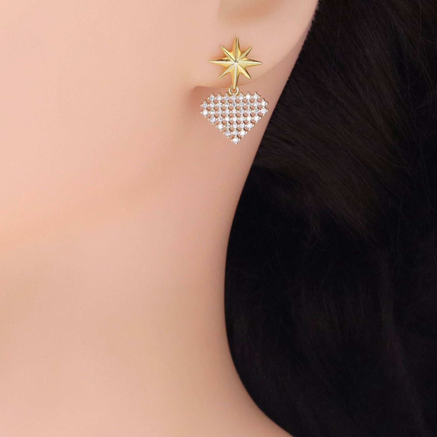 Gold Silver North Star Heart Earrings, Sku#A162