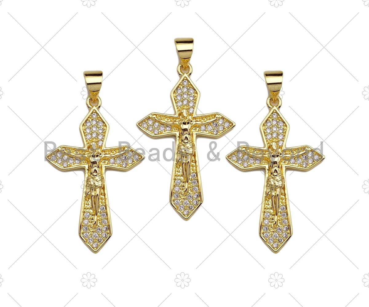 CZ Micro Pave Jesus On Cross Pendant/Charm,Cubic Zirconia Charm, Necklace Bracelet Charm Pendant,19x30mm, Sku#JL15