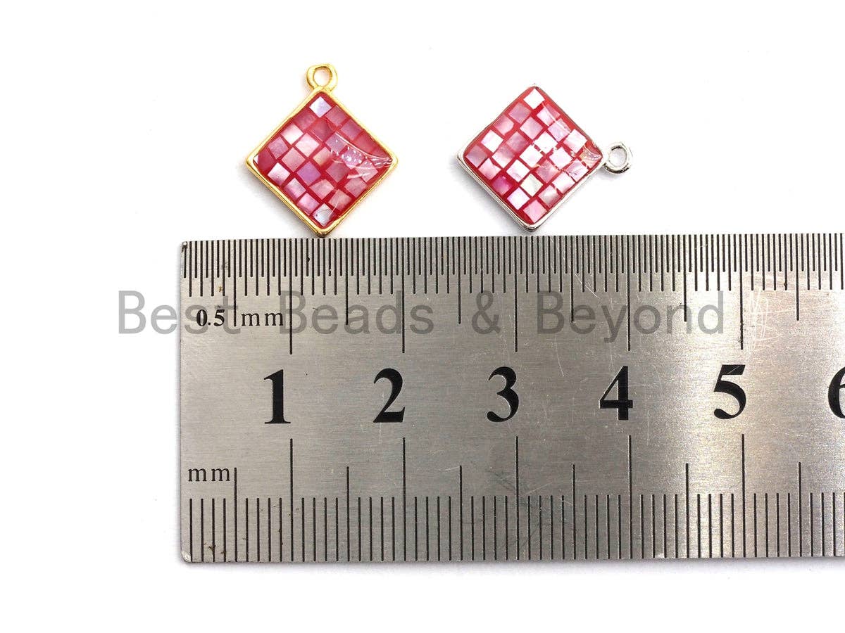 100% Natural Color HOT Pink Shell Diamond Shape Charm in Gold/Silver Finish,Fuchsia Pink Shell Pendant,Pink Shell Charm, 13x16mm,SKU#Z329
