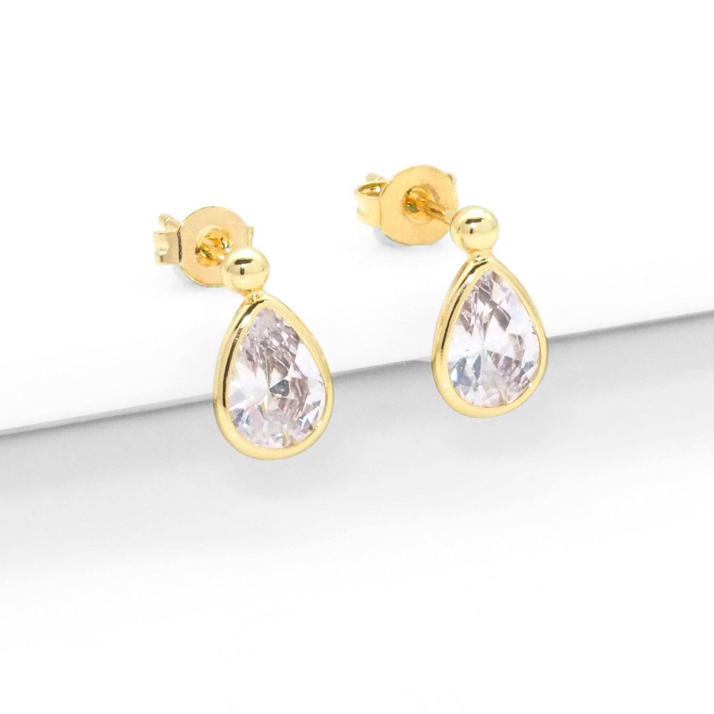 Gold Crystal CZ Teardrop Stud Earrings, Sku#Y783
