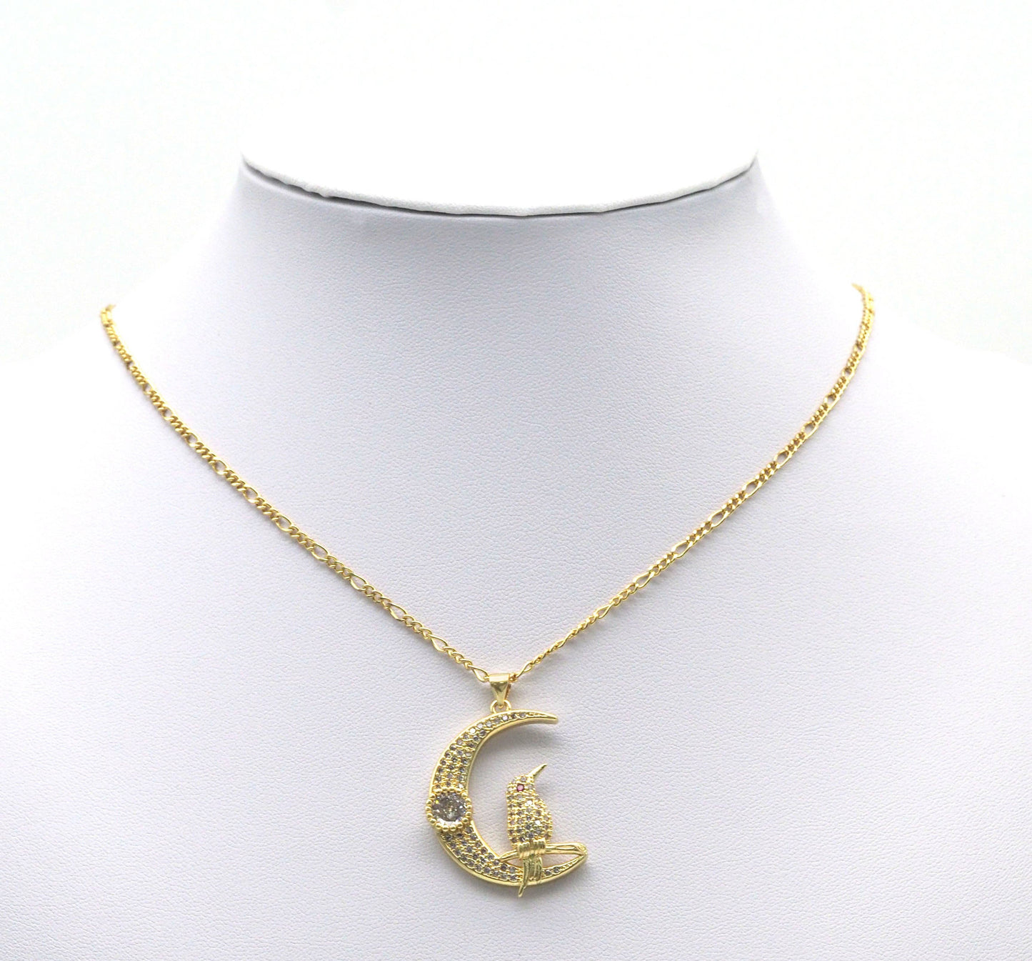 Gold CZ Bird On Cresent Moon Charm, Sku#JL127