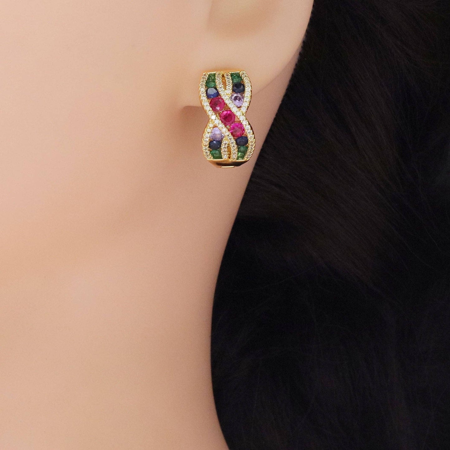 Colorful CZ Gold Twisted Cross Hoop Earrings, Sku#LX464