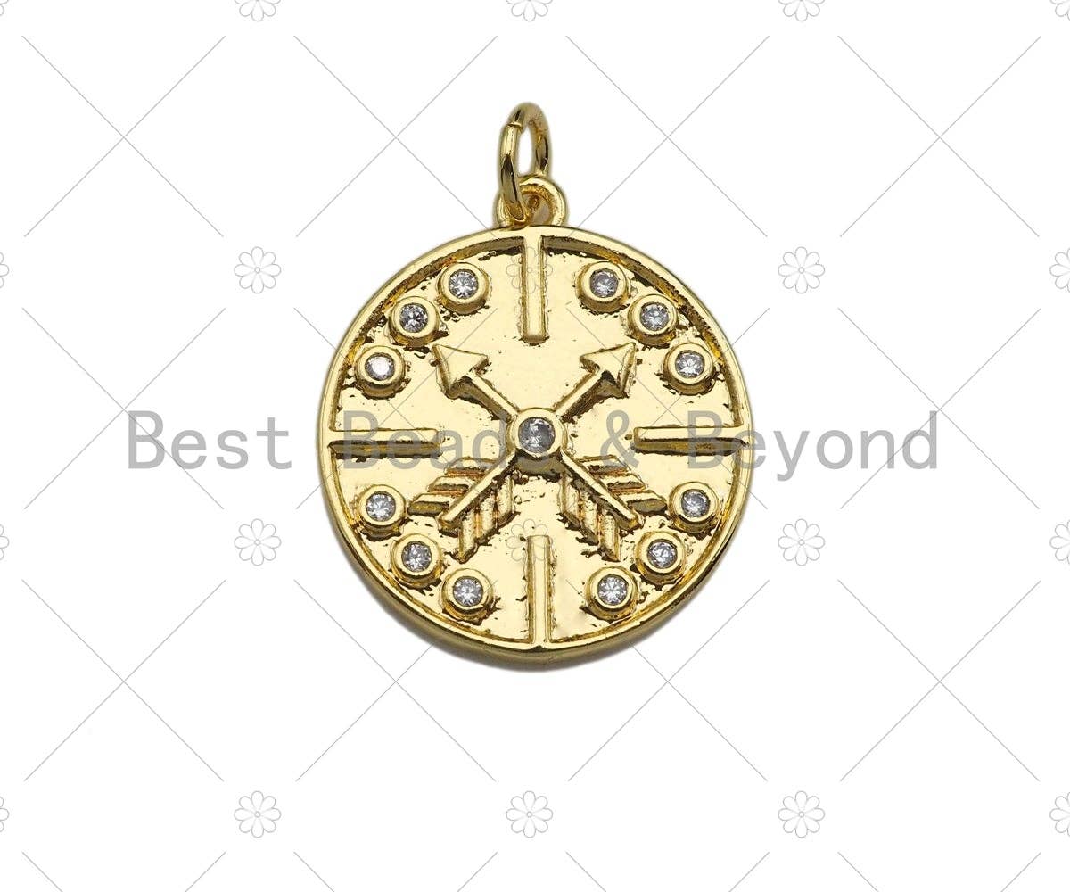 CZ Micro Pave Cross Arrows On Round Coin Pendant/Charm,Cubic Zirconia Charm, Necklace Bracelet Charm Pendant,18x20mm, Sku#L413