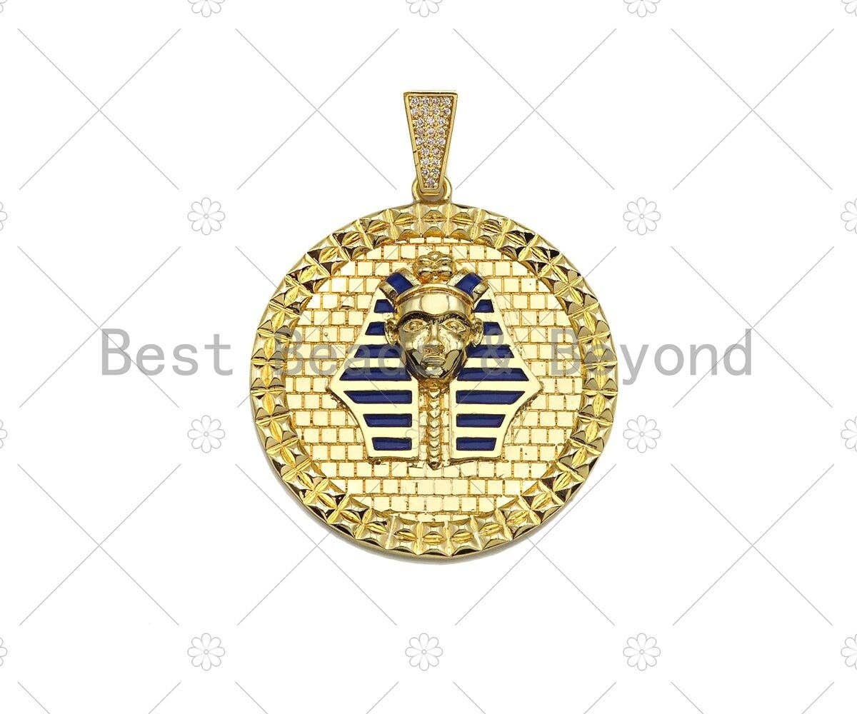 Dianty Gold/Silver Face On Round Coin Pendant/Charm,Medallion Cobalt Blue Enamel Charm, Necklace Bracelet Charm Pendant, 44x48mm, Sku#L550