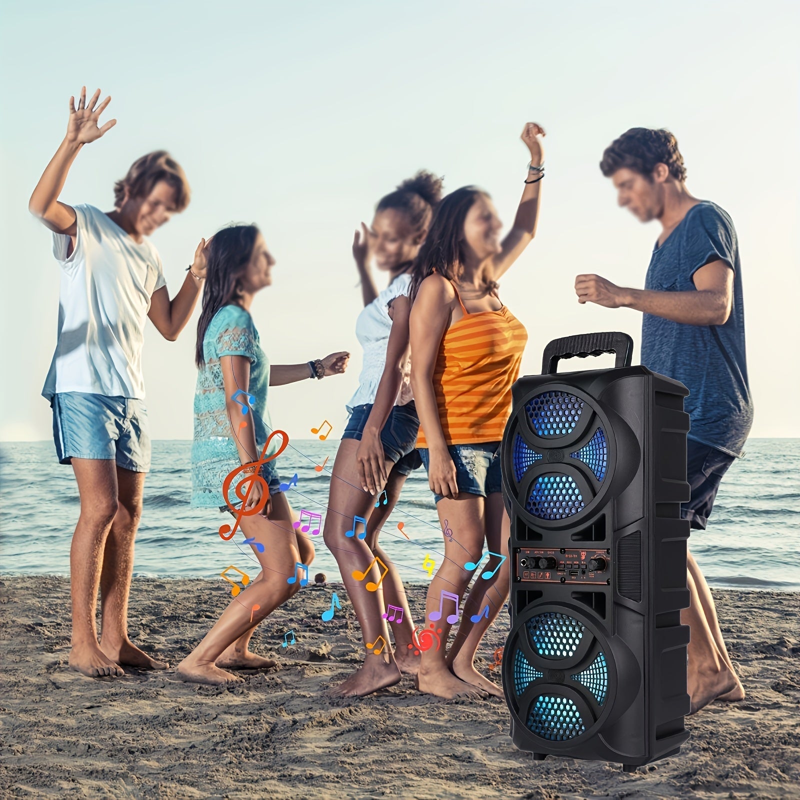 Enceinte Bluetooth portable avec basses subwoofer, double haut-parleur de graves LED 6,5" et microphone