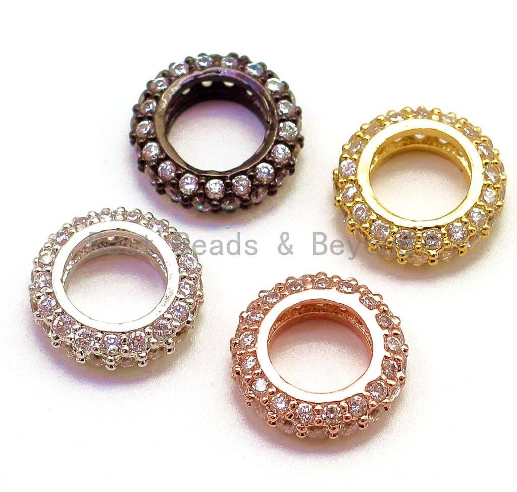 CZ Donut Shaped Micro Pave Large Big Hole Beads, Cubic Zirconia Space Beads,Slider Beads, 12x5mm, #G126
