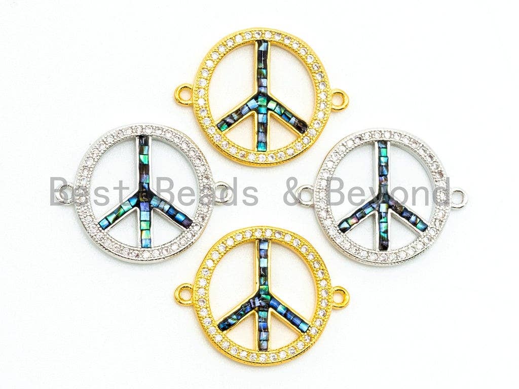 CZ Micro Pave Abalone Peace Sign Connector, 24K Gold Silver Plated, Cubic Zirconia Spacer Connector,Pave Findings, 18x23mm, sku#Z32