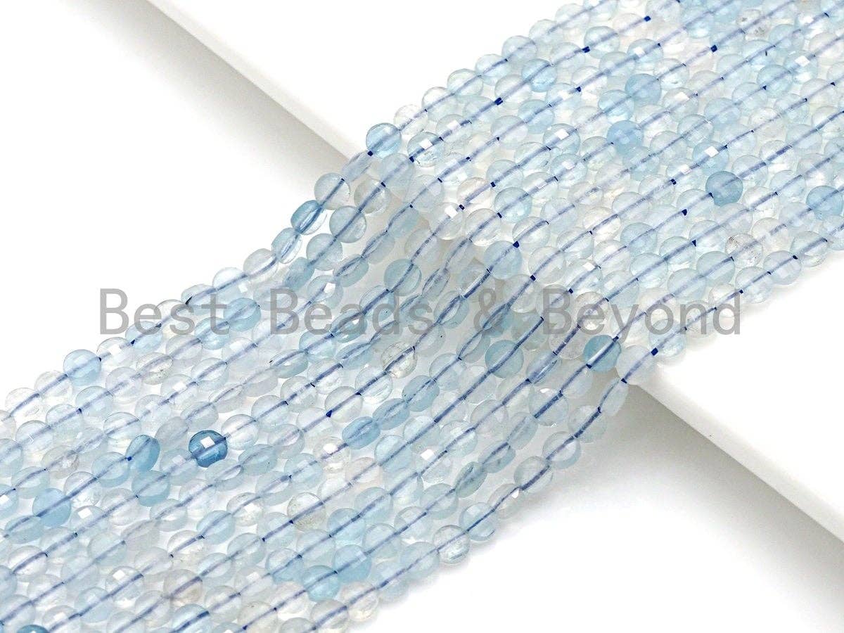4mm High Quality Natural Aquamarine Faceted Coin Shape beads, Checkboard Cut Aquamarine, 15.5"Full Strand, sku#U791
