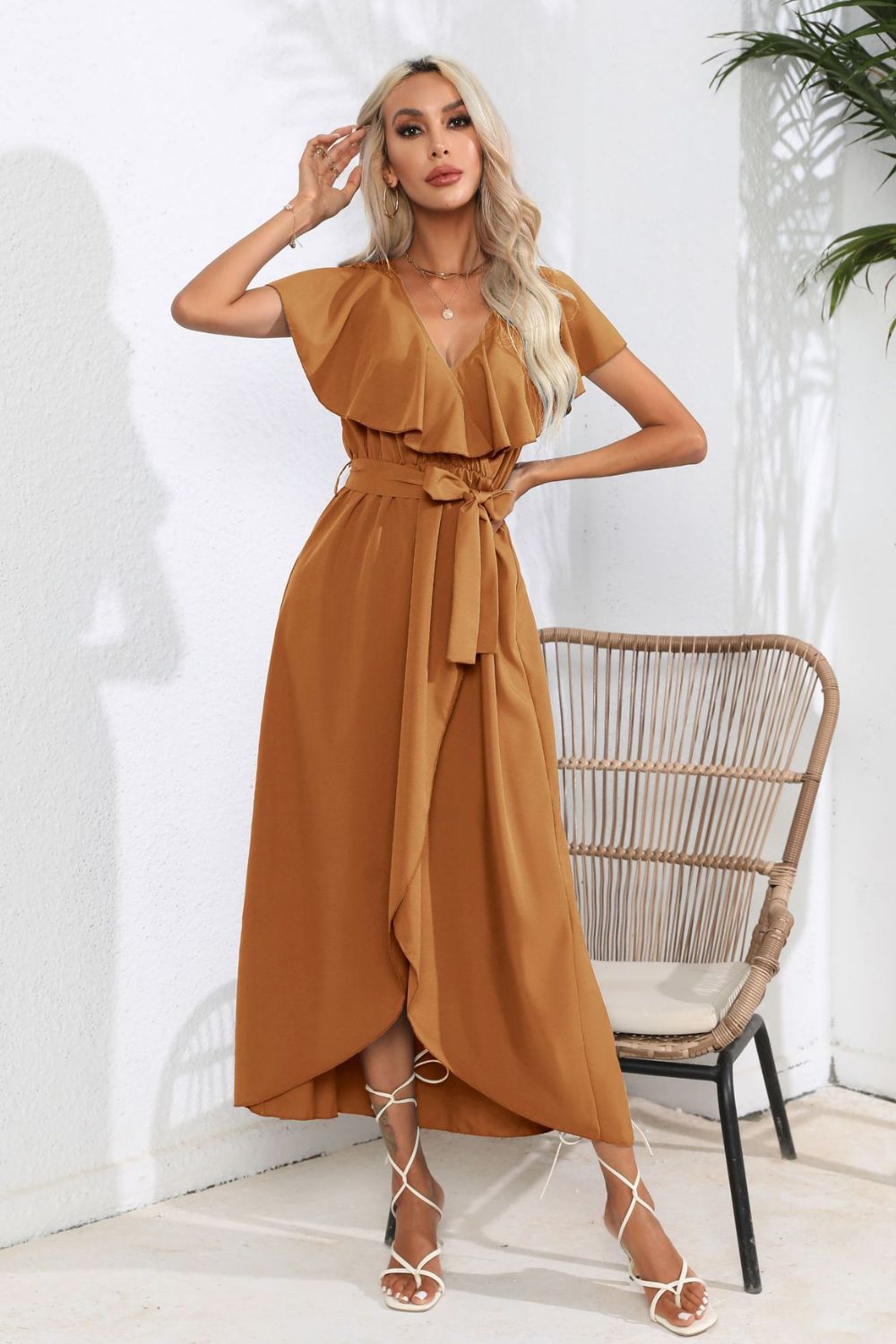 Tied Front Ruffled Short Sleeve Midi Dress