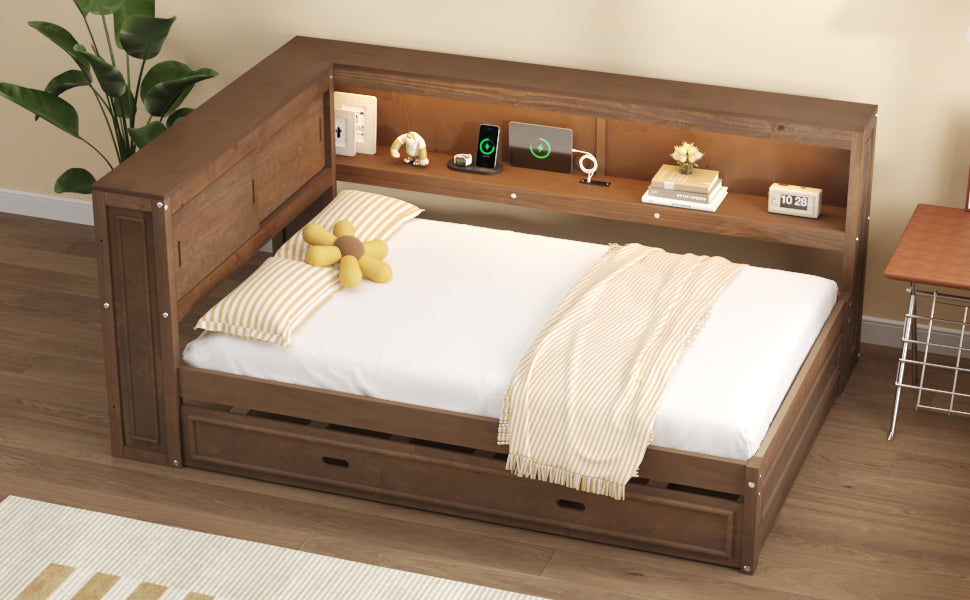 Full Size Wood Daybed with Storage Shelves, USB, LED, and Trundle