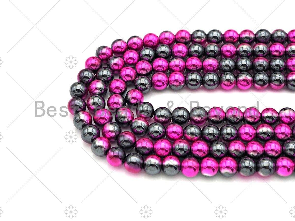 New!!! Half Plated Hot Pink Natural Hematite Beads, 4mm/6mm/8mm Round Smooth Beads,15.5''  Full Strands, Sku#S133