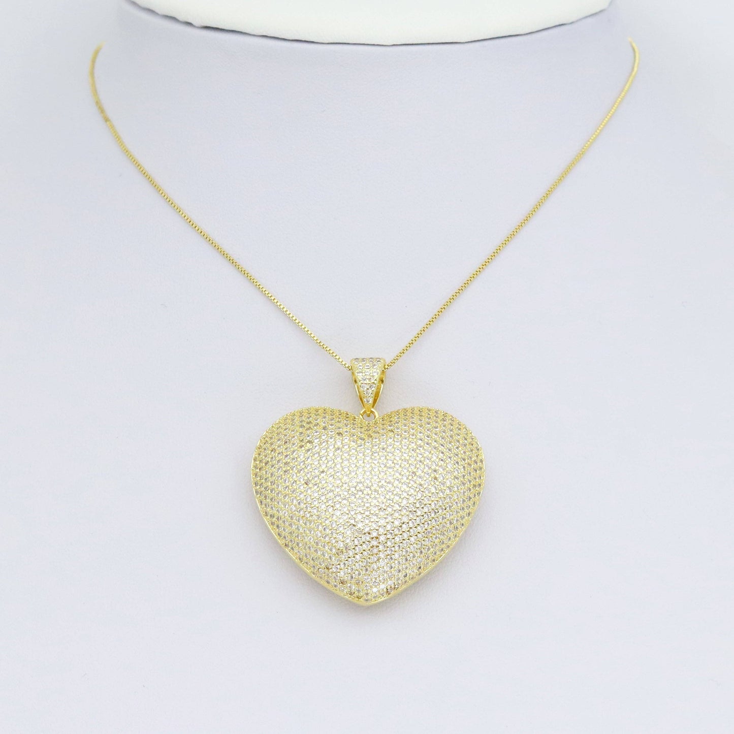 Gold Silver Clear CZ Large Puffy Heart Charm Pendant, Sku#LX663