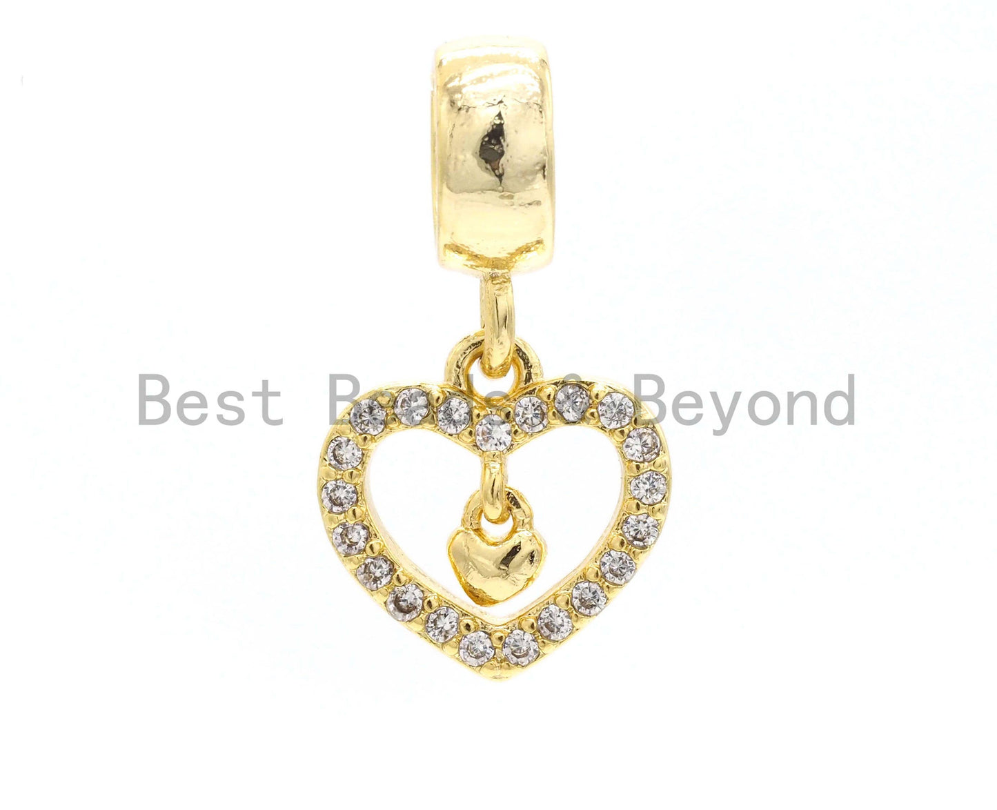 CZ Micro Pave Dangle Heart Shape Pendant, Large hole/Big hole European style bracelet charm Beads,Fit for 3mm Leather Cord, 11x20mm,sku#Y147
