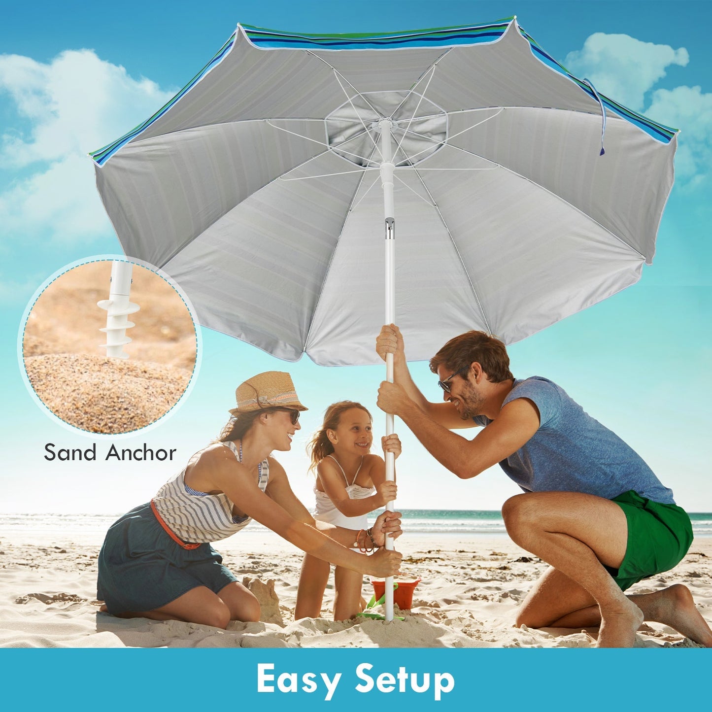 7.2 Feet Portable Outdoor Beach Umbrella with Sand Anchor and Tilt Mechanism
