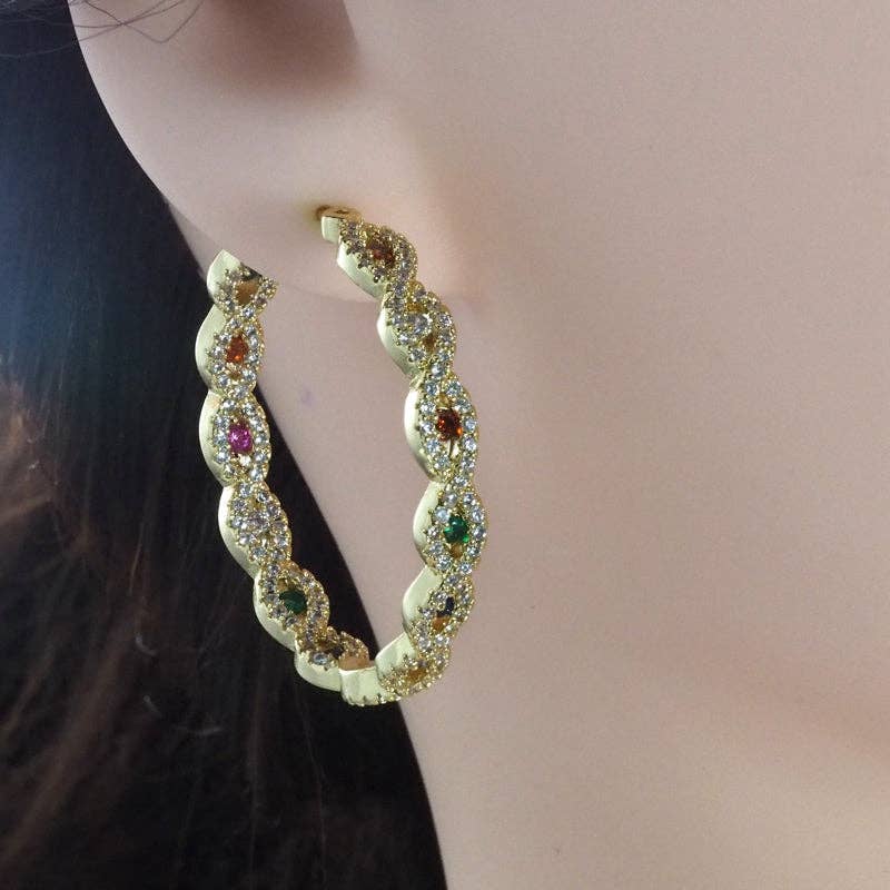 Gold Silver Colorful Eye CZ Hoop Earrings, Sku#LX204