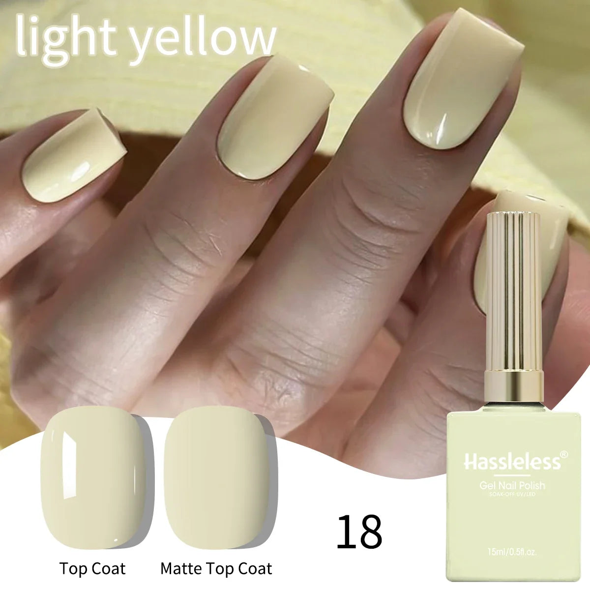 Hassleless 1 Bottle (15ml) Pale Yellow Solid-Color Nail Gel — Simple, Beginner-Friendly Soak-Off Gel Polish, Suitable for All Se