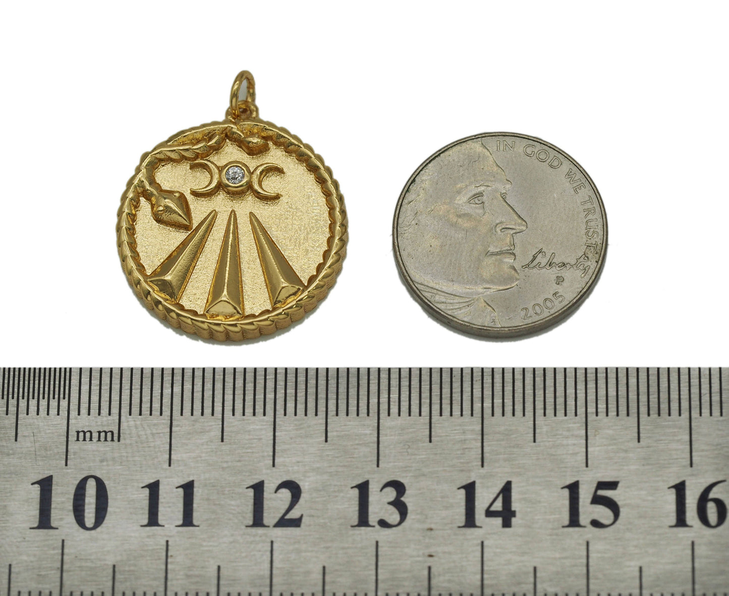 Gold CZ Embossed Snake On Round Coin Charm, Sku#F1501C