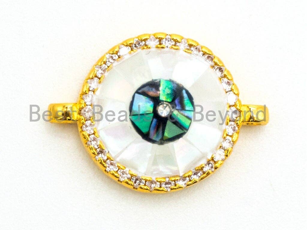 CZ Micro Pave Evil Eye Round Connector with Abalone Pearl Shell, Cubic Zirconia Space Connector, CZ Abalone Stone Charm 13x17mm, 1pc,SKU#Z29
