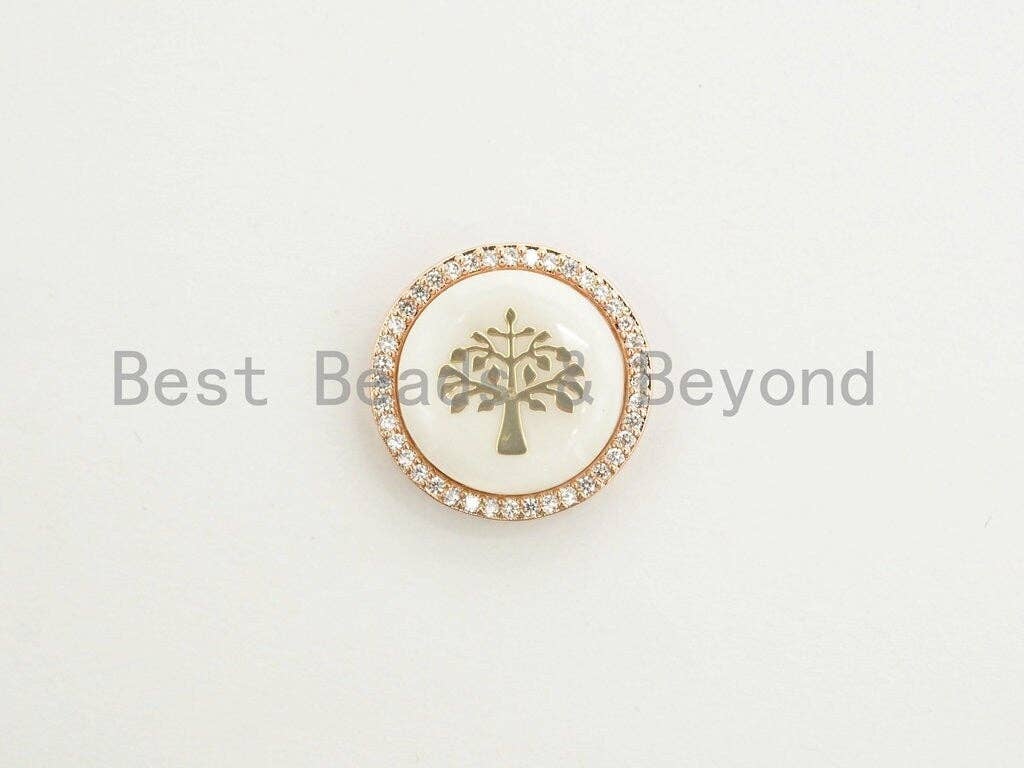 CZ Micro Pave Gilding Life of Tree plated on Mother of Pearl Disc Beads, Pave Pendant Connector Beads for Bracelet/Necklace, 19mm,sku#Z247