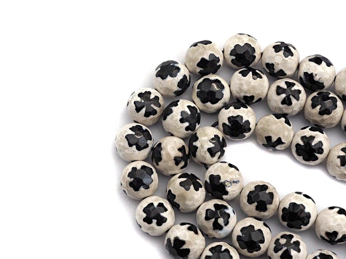 Quality Dzi Black White Aage with Flower Patten Beads, Round Faceted Tibetan Agate, 10mm beads, 15.5inch strand, SKU#U558