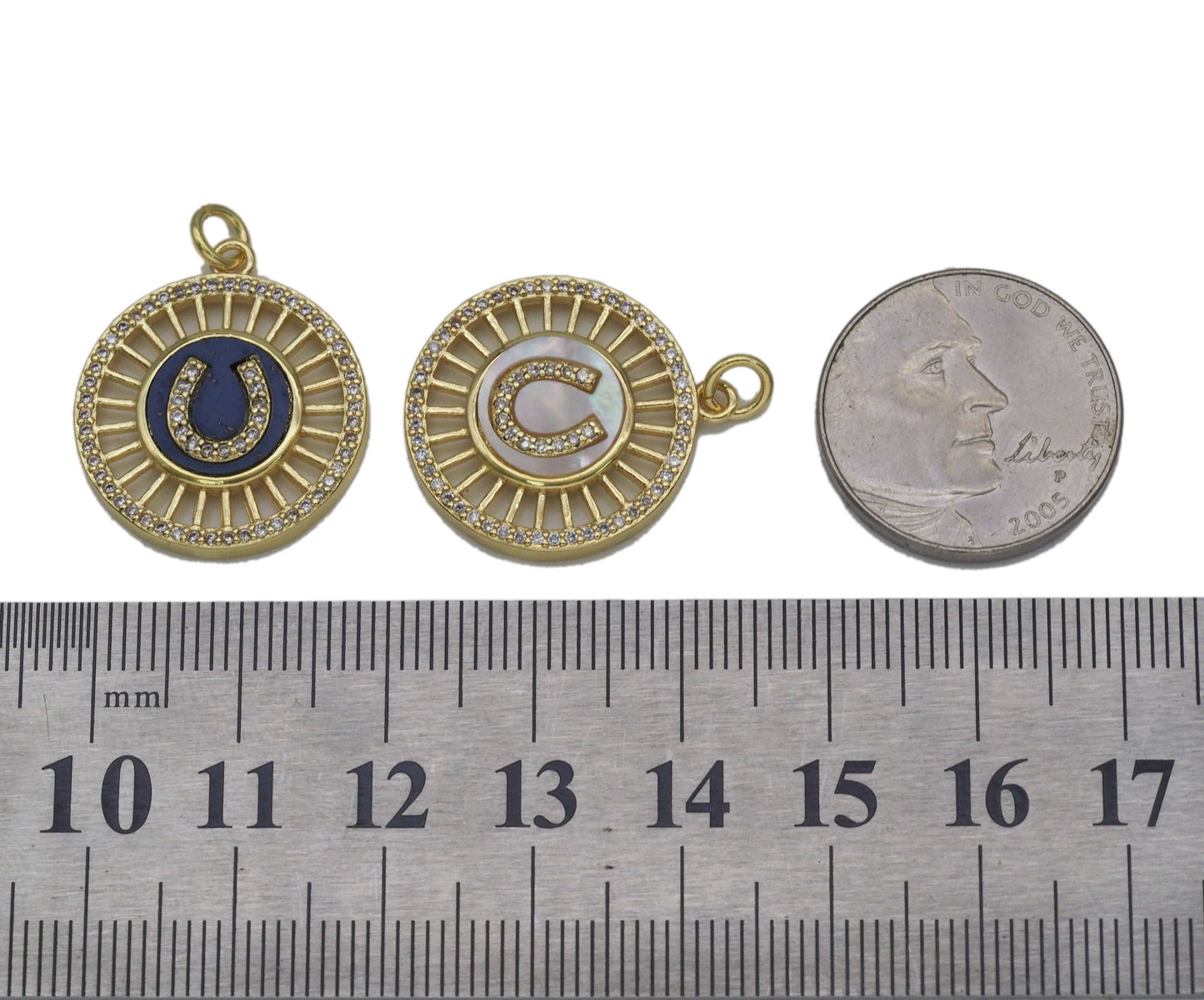 Gold CZ Horseshoe U Shape On Round Coin Charm, Sku#L695