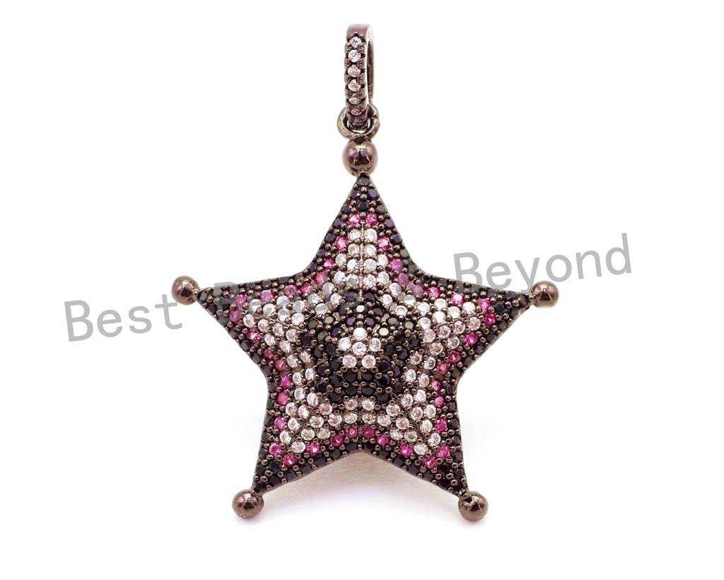 CZ Micro Pave Multi Color Star/Starfish Pendant with Diamond Bail, Cubic Zirconia Pendant,Gold/Rose Gold/Silver/Black Tone,30x40mm,SKU#F6