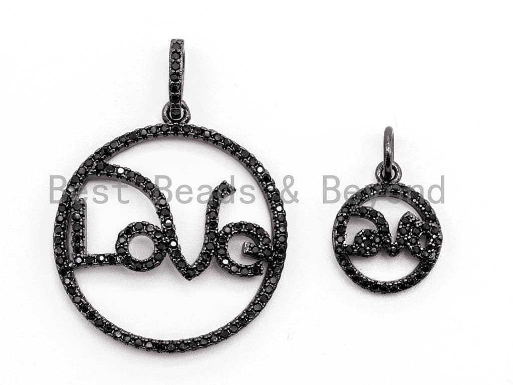 Black CZ Pave On Black  Micro Pave Love Shaped Round Pendant,Cubic Zirconia Love Pave Pendant Beads, Pave Pendant, 27x30/12x15mm, SKU#F364