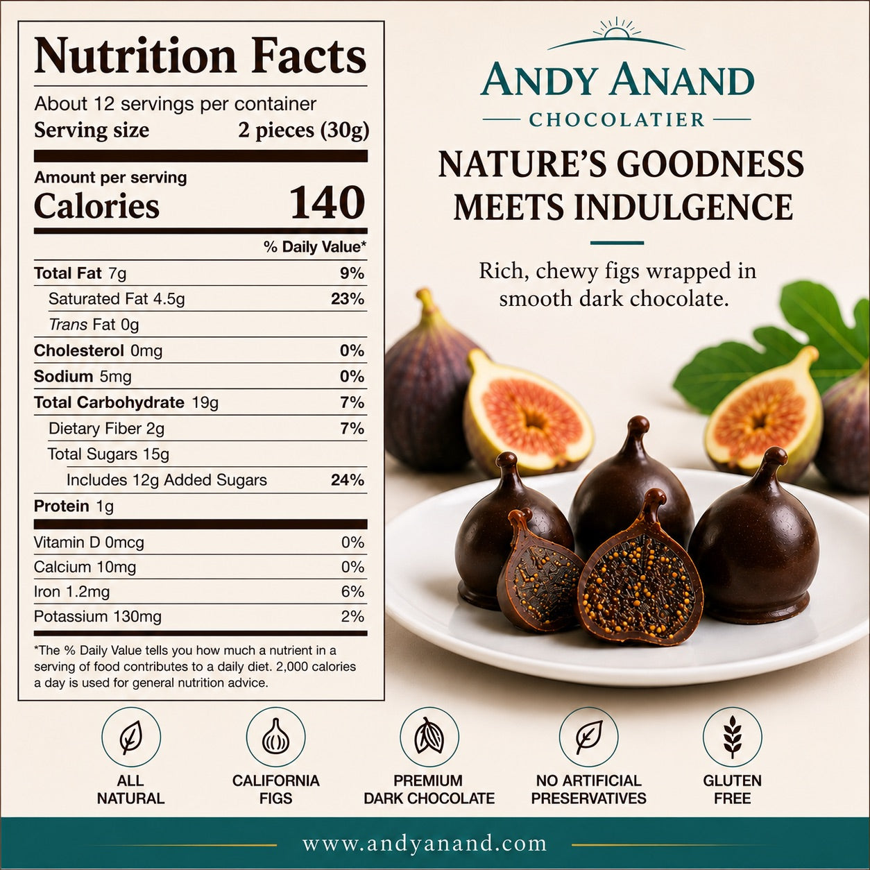 Andy Anand Vegan Belgian Dark Chocolate Figs - 24 Pc Gift Box, Premium 60% Cocoa Butter, Dairy-Free Gourmet Confection, Perfect for Birthday, Valentine’s &amp; Anniversary Gifts - Handcrafted in California