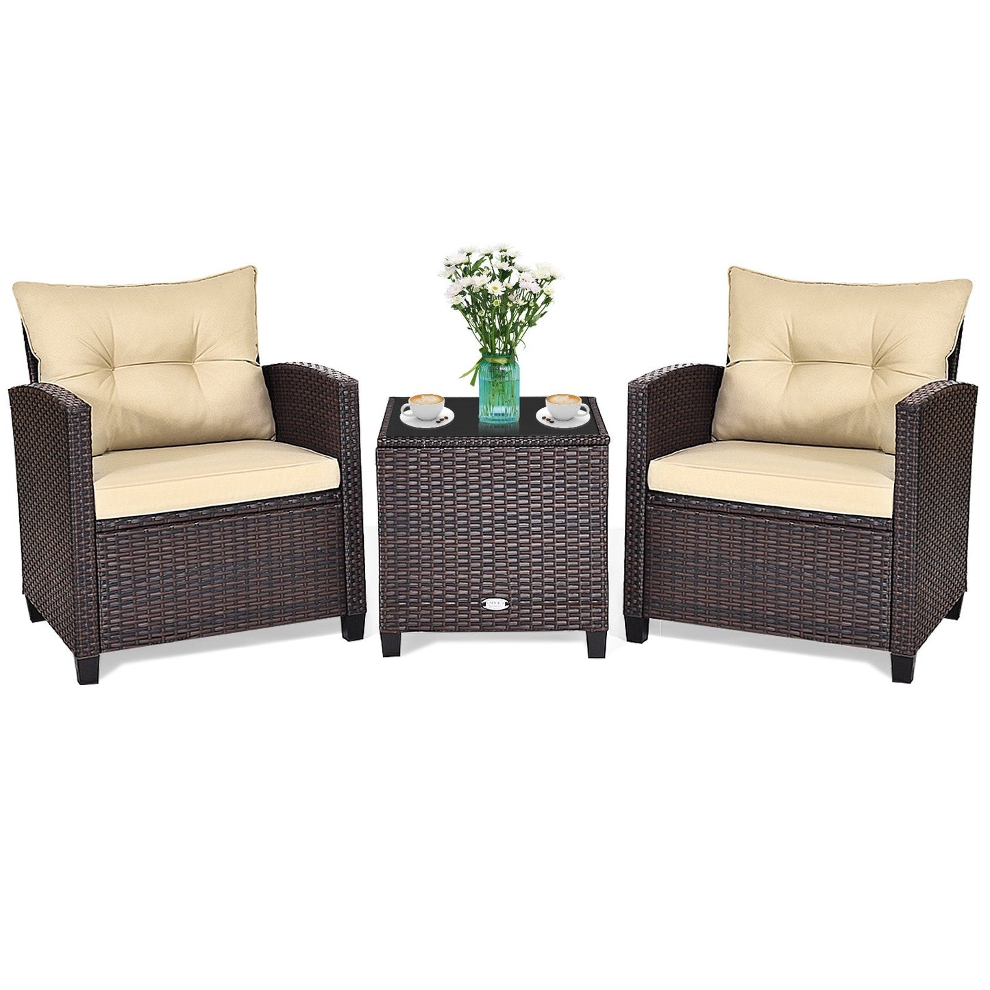 3 Pcs Patio Rattan Furniture Set Cushioned Conversation Set Coffee Table-Beige
