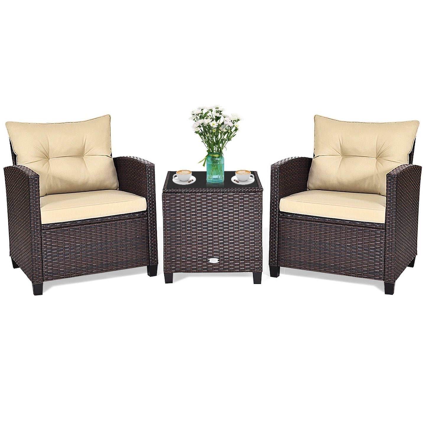 3 Pcs Patio Rattan Furniture Set Cushioned Conversation Set Coffee Table-Beige
