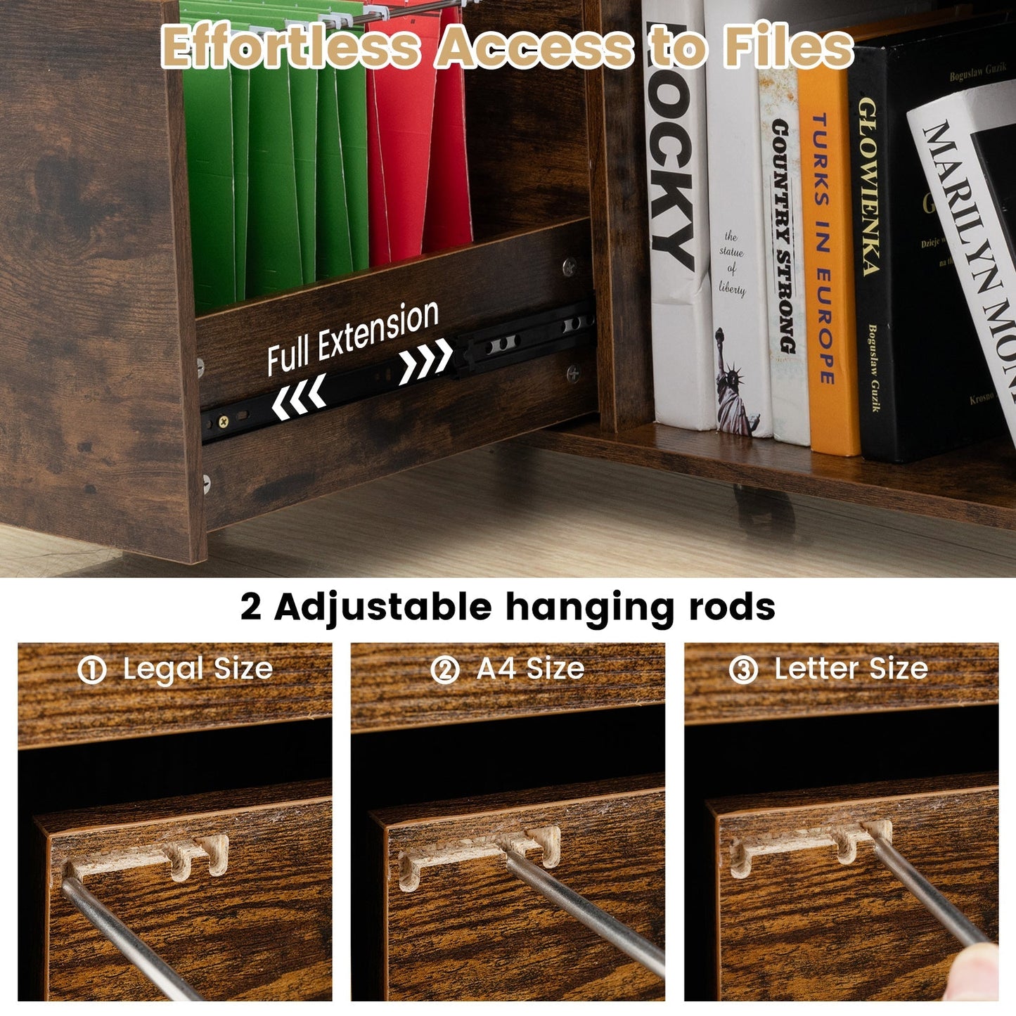 3-Drawer File Cabinet with Adjustable Shelf and Wheels for Letter