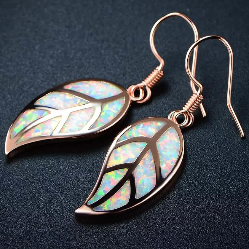 Boucles d'oreilles feuille opale de feu en plaqué or rose 18 carats par Peermont