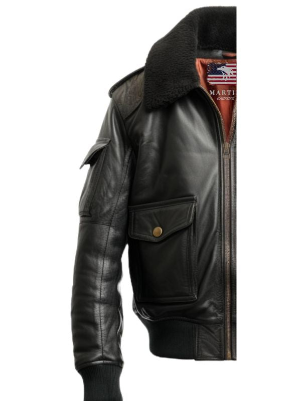 Flight Bomber Black Leather Jacket – Men Bomber Leather Jacket