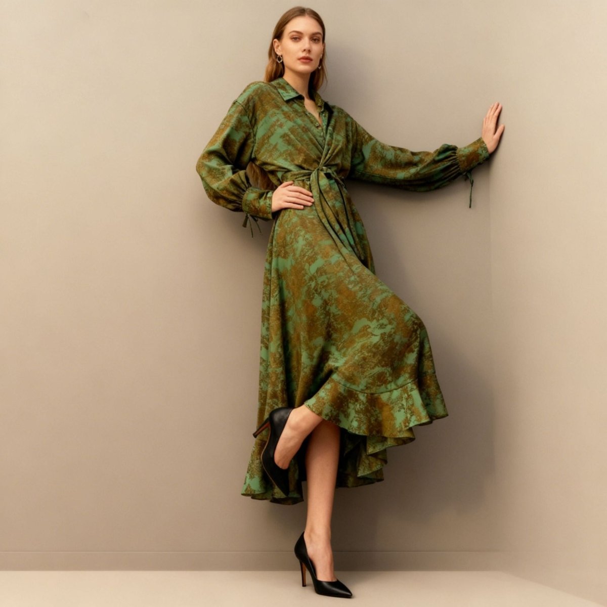 Floral Jacquard Wrap Dress | Collared Tie-Sleeve Maxi Dress(MS257)