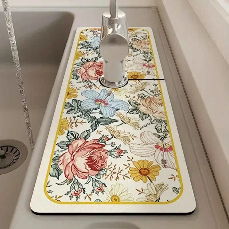 Floral Sink Faucet Absorbent Mat