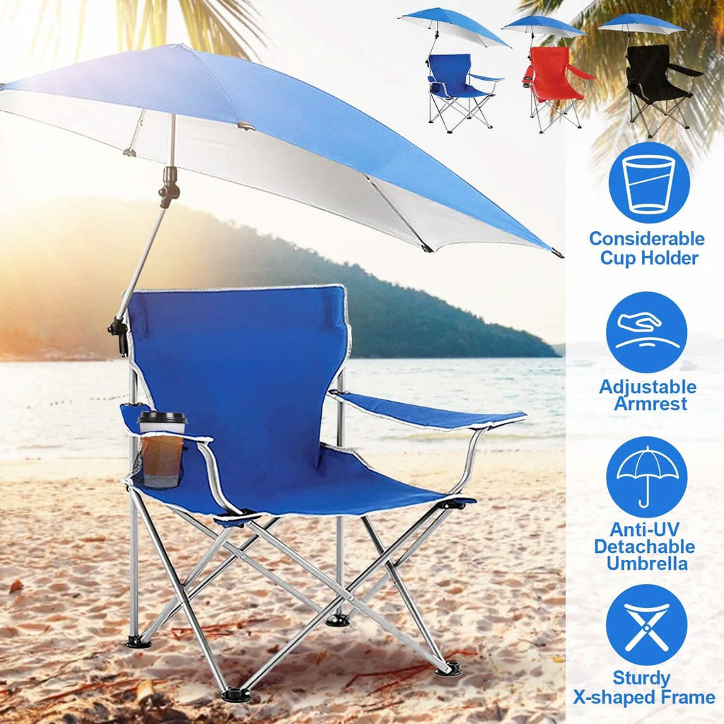 Chaise de plage pliable avec accoudoir détachable, pare-soleil réglable et tabouret avec porte-gobelet