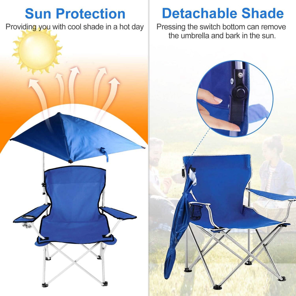 Chaise de plage pliable avec accoudoir détachable, pare-soleil réglable et tabouret avec porte-gobelet