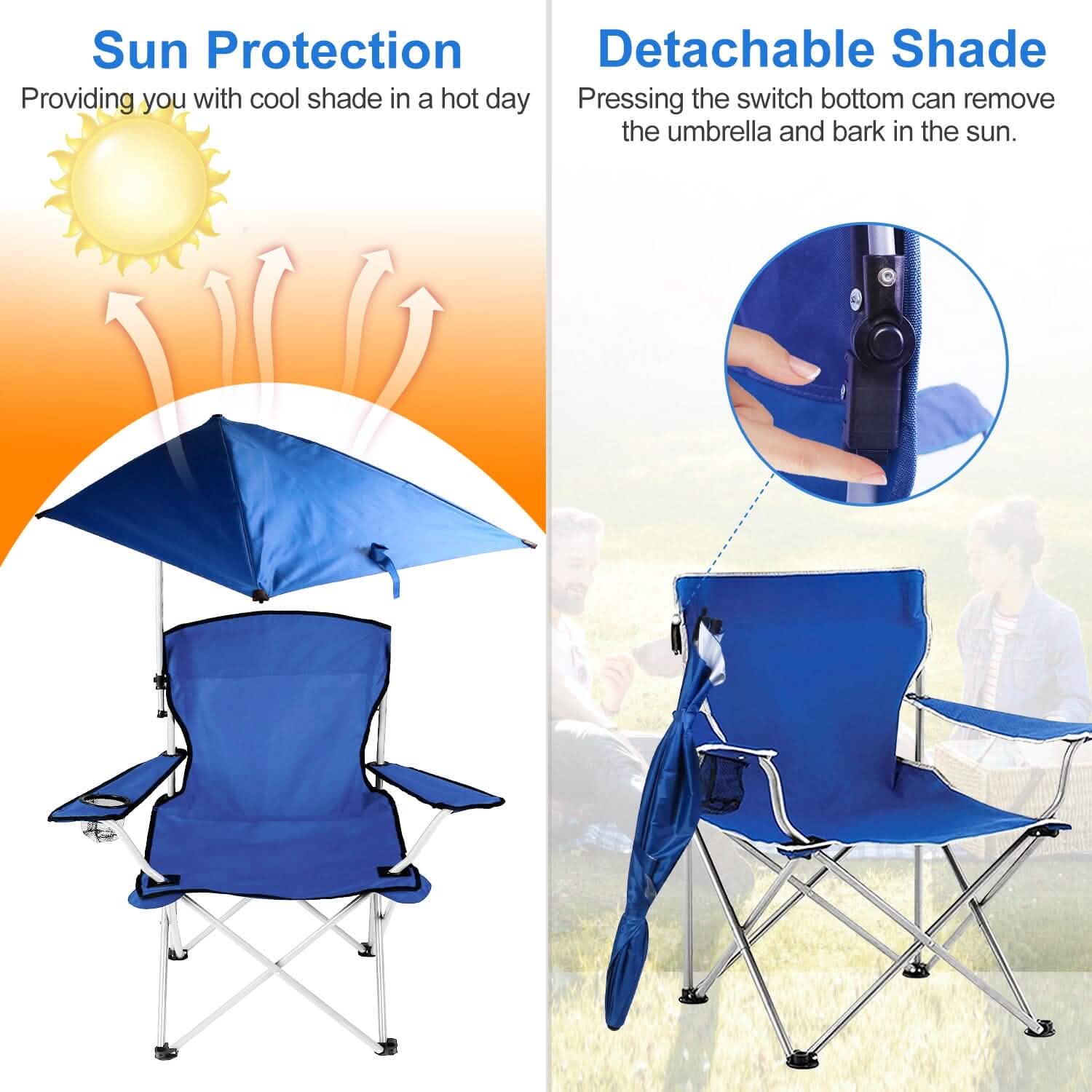 Chaise de plage pliable avec accoudoir détachable, pare-soleil réglable et tabouret avec porte-gobelet