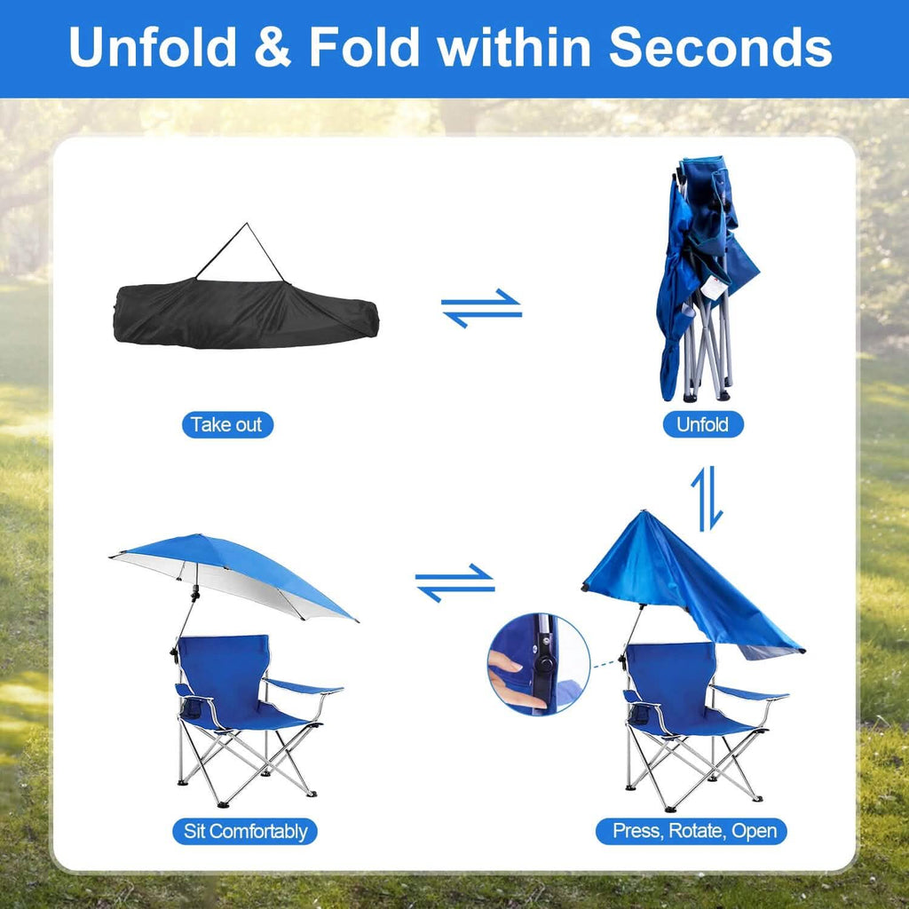 Chaise de plage pliable avec accoudoir détachable, pare-soleil réglable et tabouret avec porte-gobelet