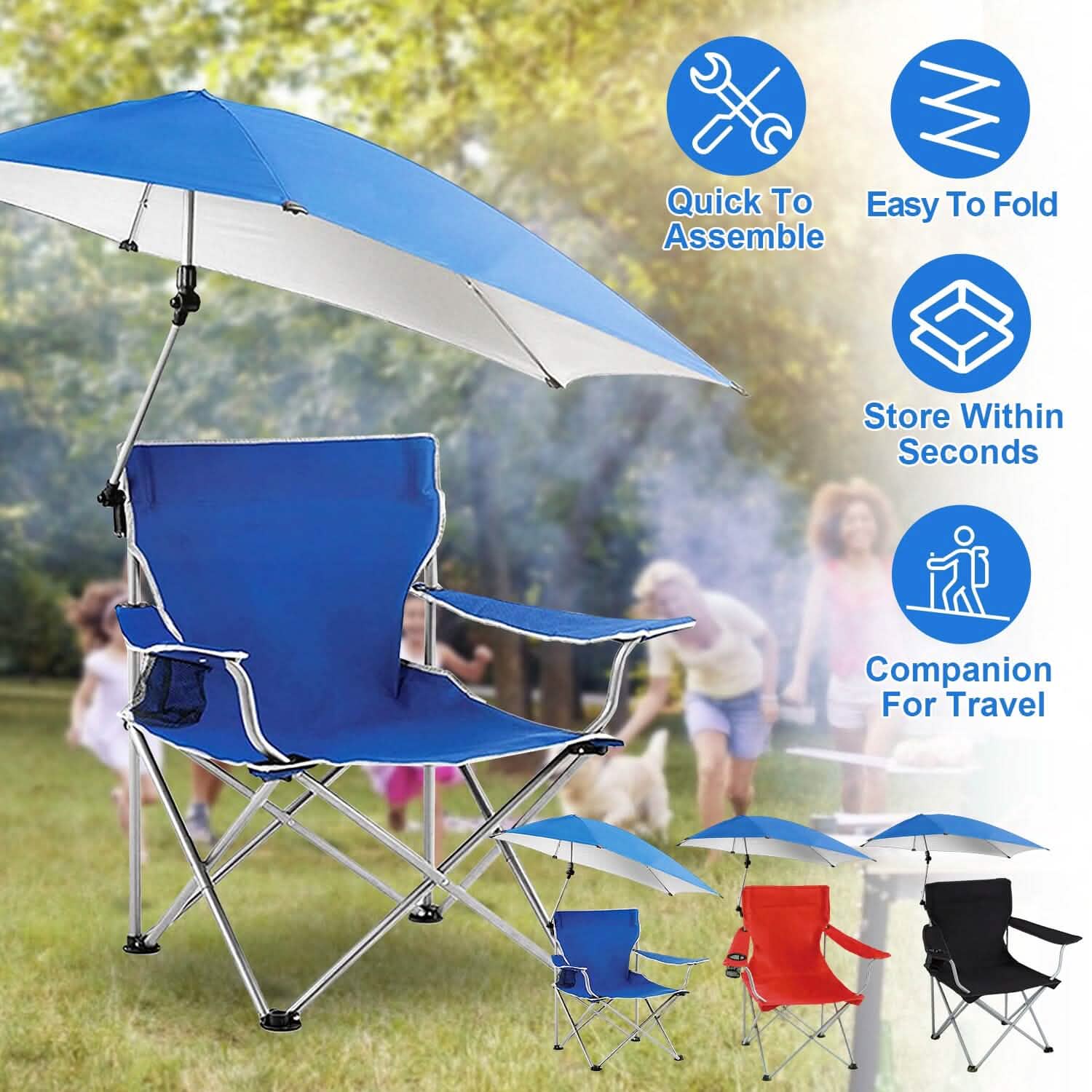 Chaise de plage pliable avec accoudoir détachable, pare-soleil réglable et tabouret avec porte-gobelet