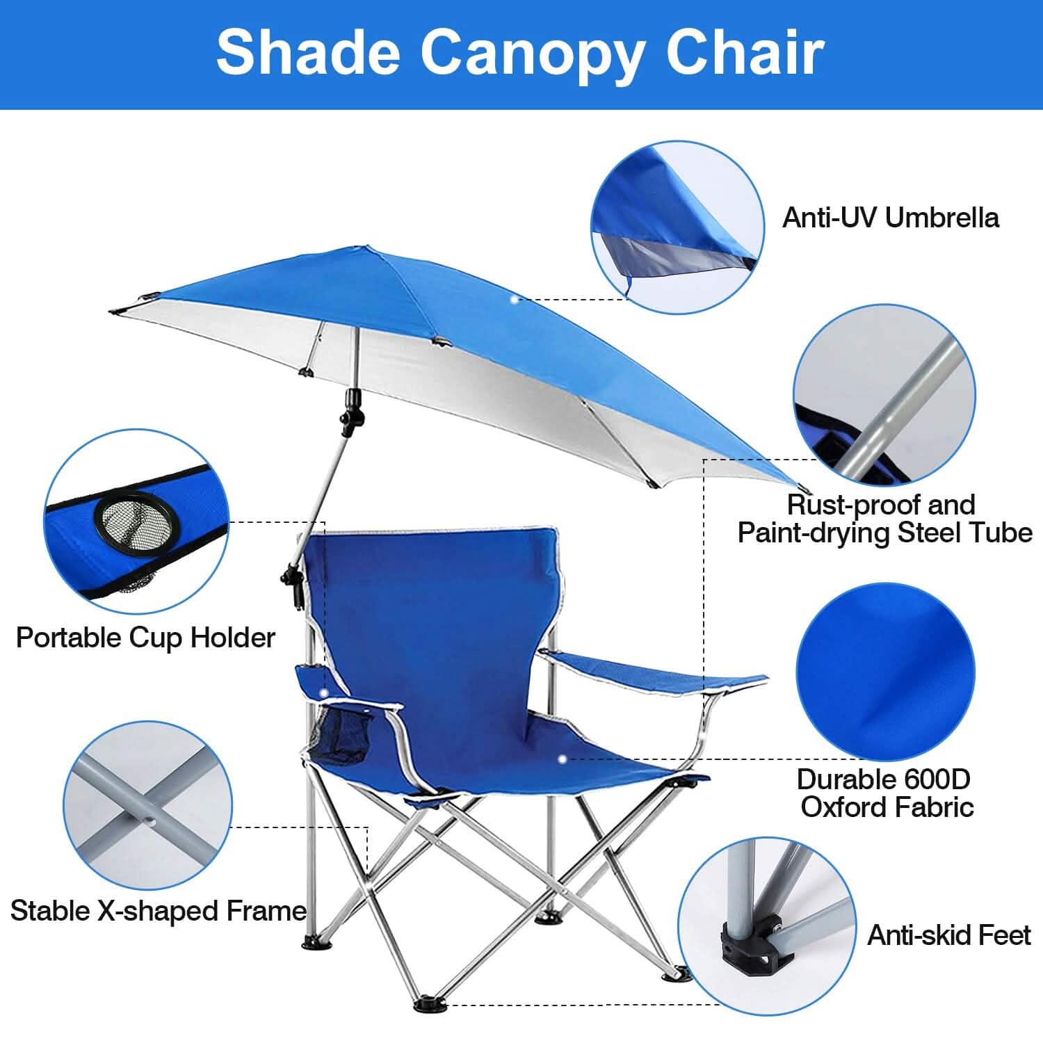 Chaise de plage pliable avec accoudoir détachable, pare-soleil réglable et tabouret avec porte-gobelet