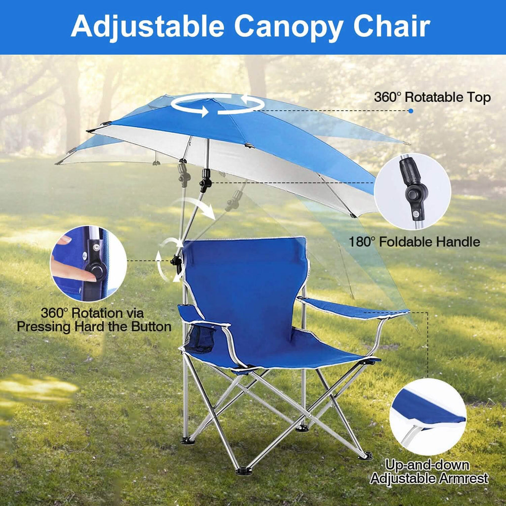 Chaise de plage pliable avec accoudoir détachable, pare-soleil réglable et tabouret avec porte-gobelet