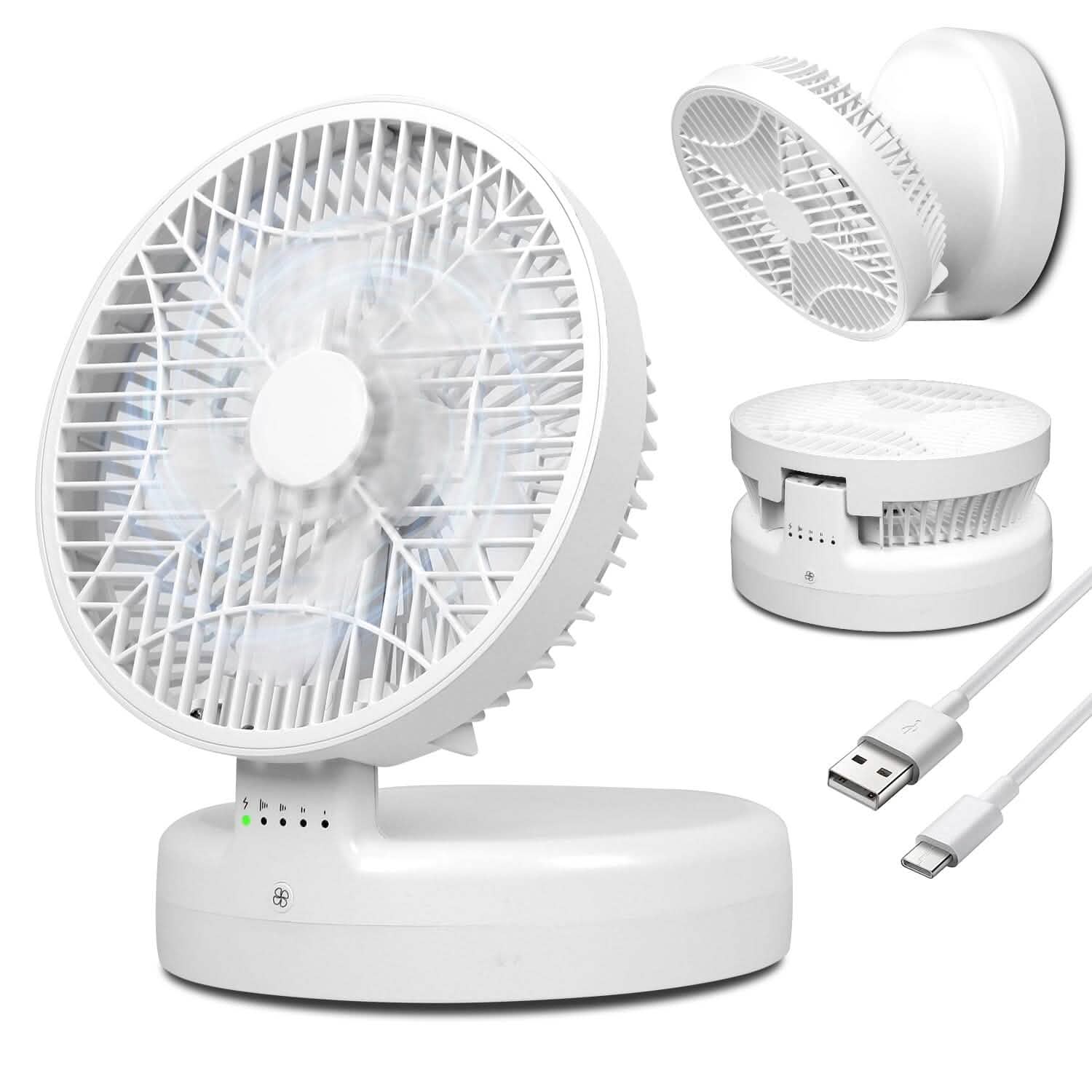 Ventilateur de bureau pliable avec 4 vitesses de vent rechargeable Type-C montage mural