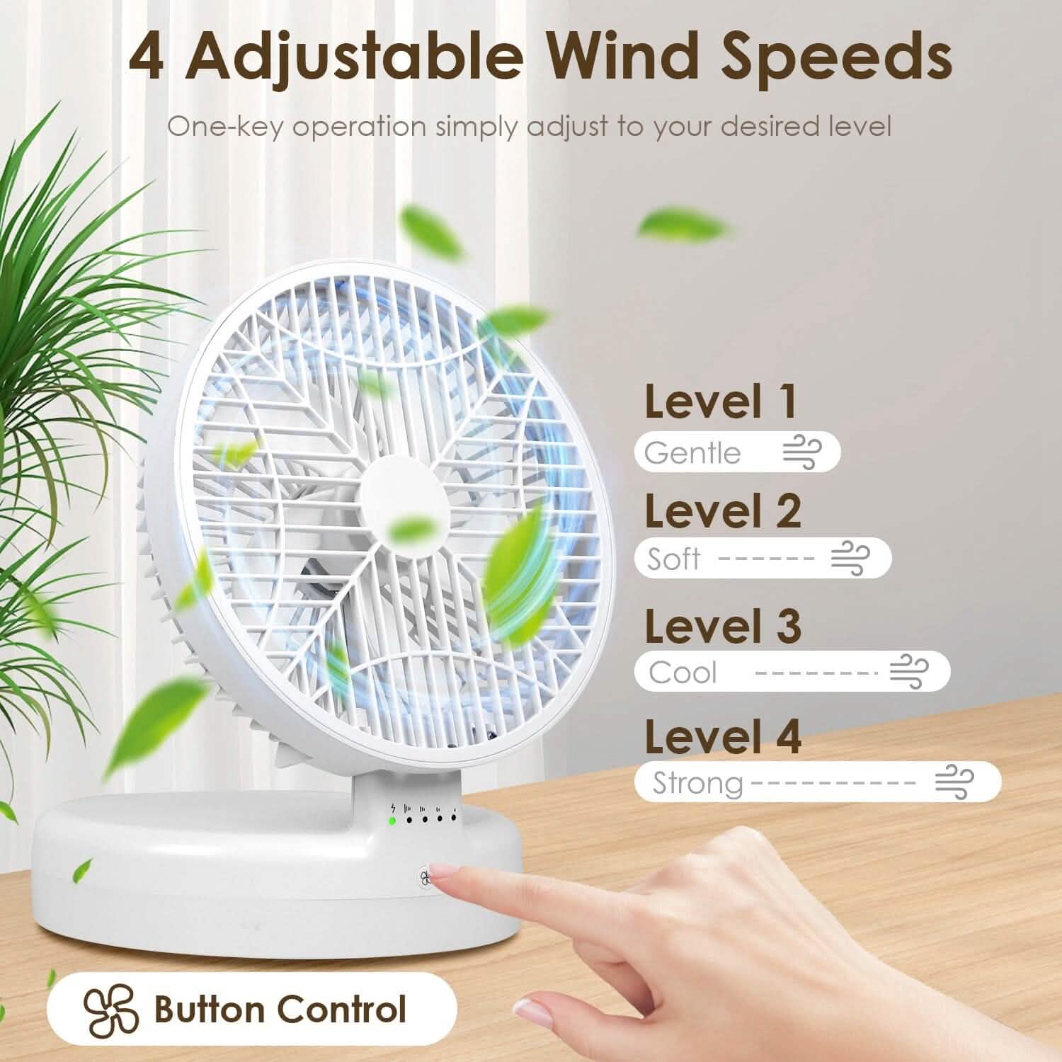 Ventilateur de bureau pliable avec 4 vitesses de vent rechargeable Type-C montage mural