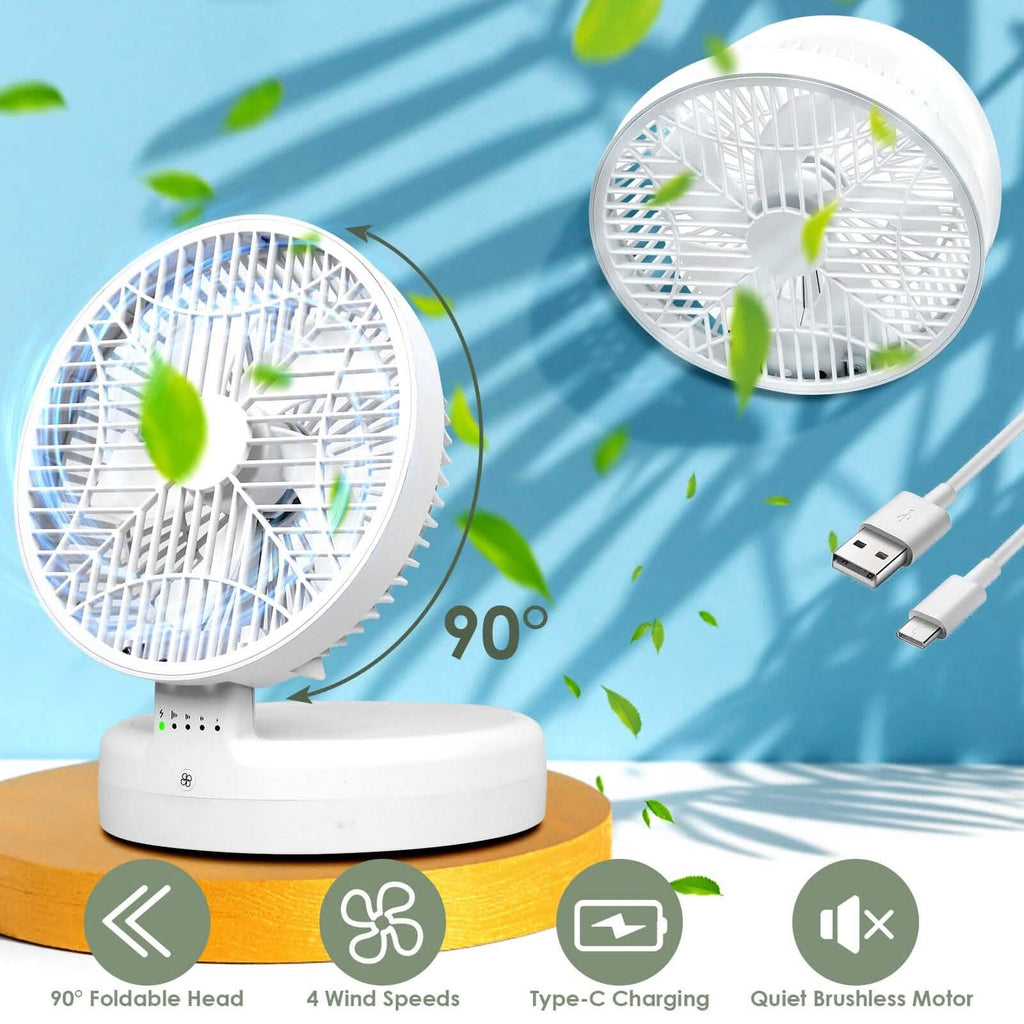 Ventilateur de bureau pliable avec 4 vitesses de vent rechargeable Type-C montage mural