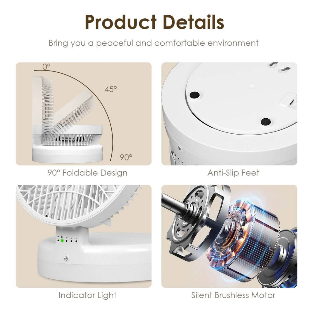 Ventilateur de bureau pliable avec 4 vitesses de vent rechargeable Type-C montage mural